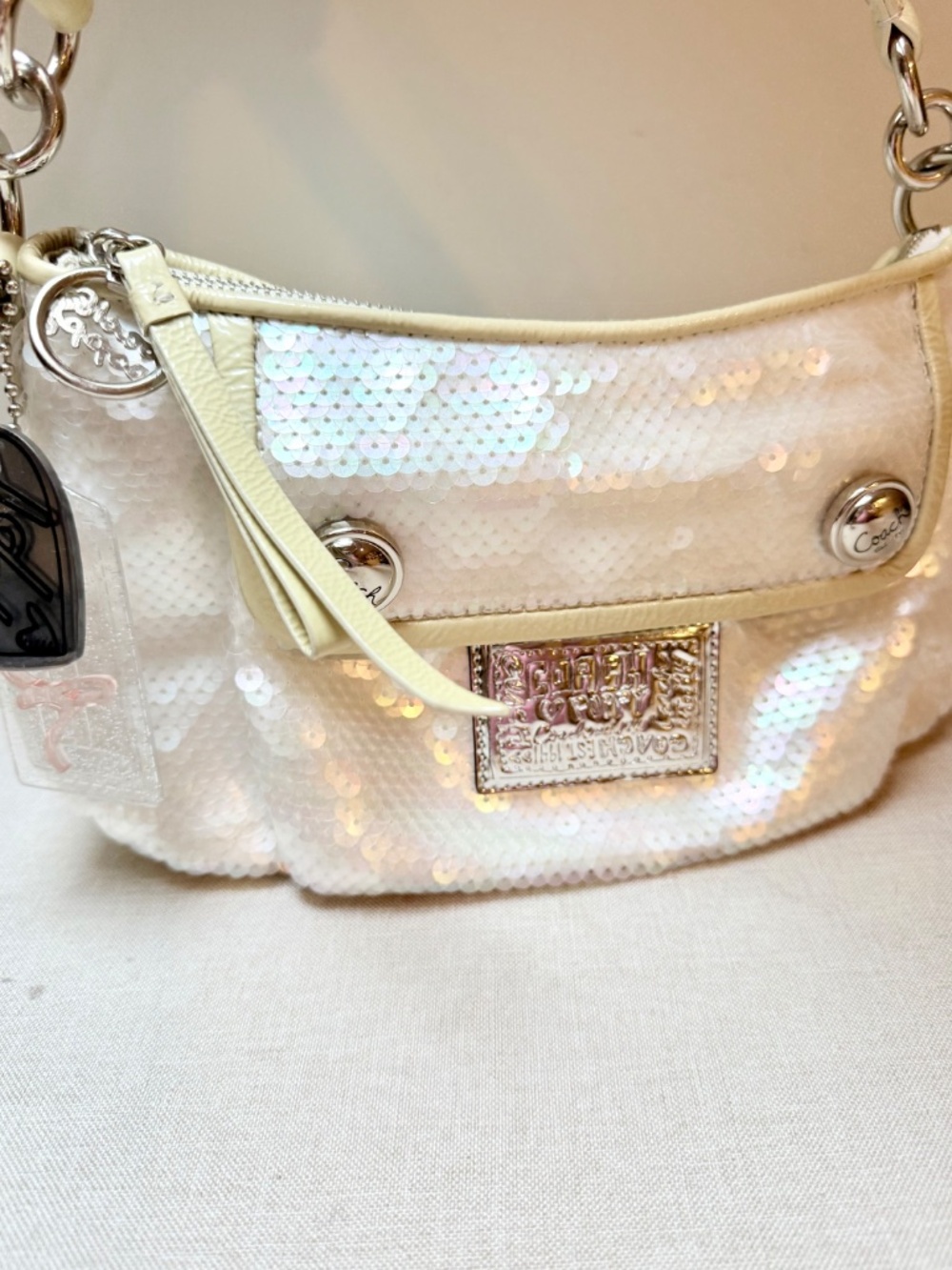 Coach Poppy White Sequin Bag Purse With Attached Charms Clean and Like New - Picture 4 of 15